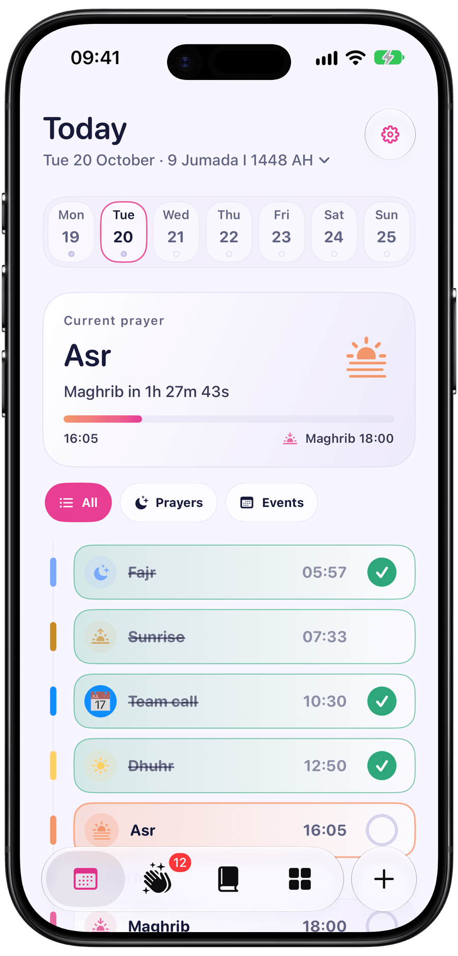 Prayde Today with the Current prayer card, timeline filters, prayer times and events