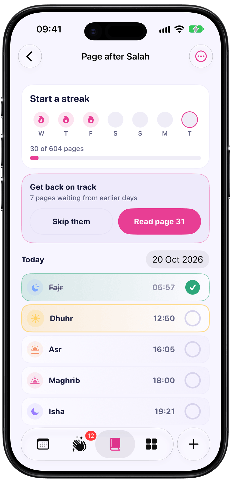 Page after Salah with reading progress and the Get back on track options