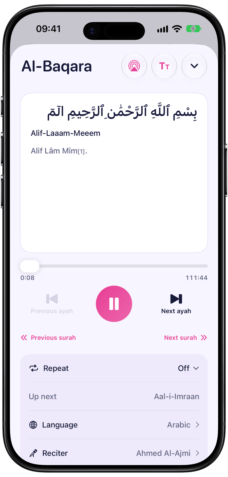 Prayde Quran player with Arabic text, transliteration, English meaning, repeat and reciter controls