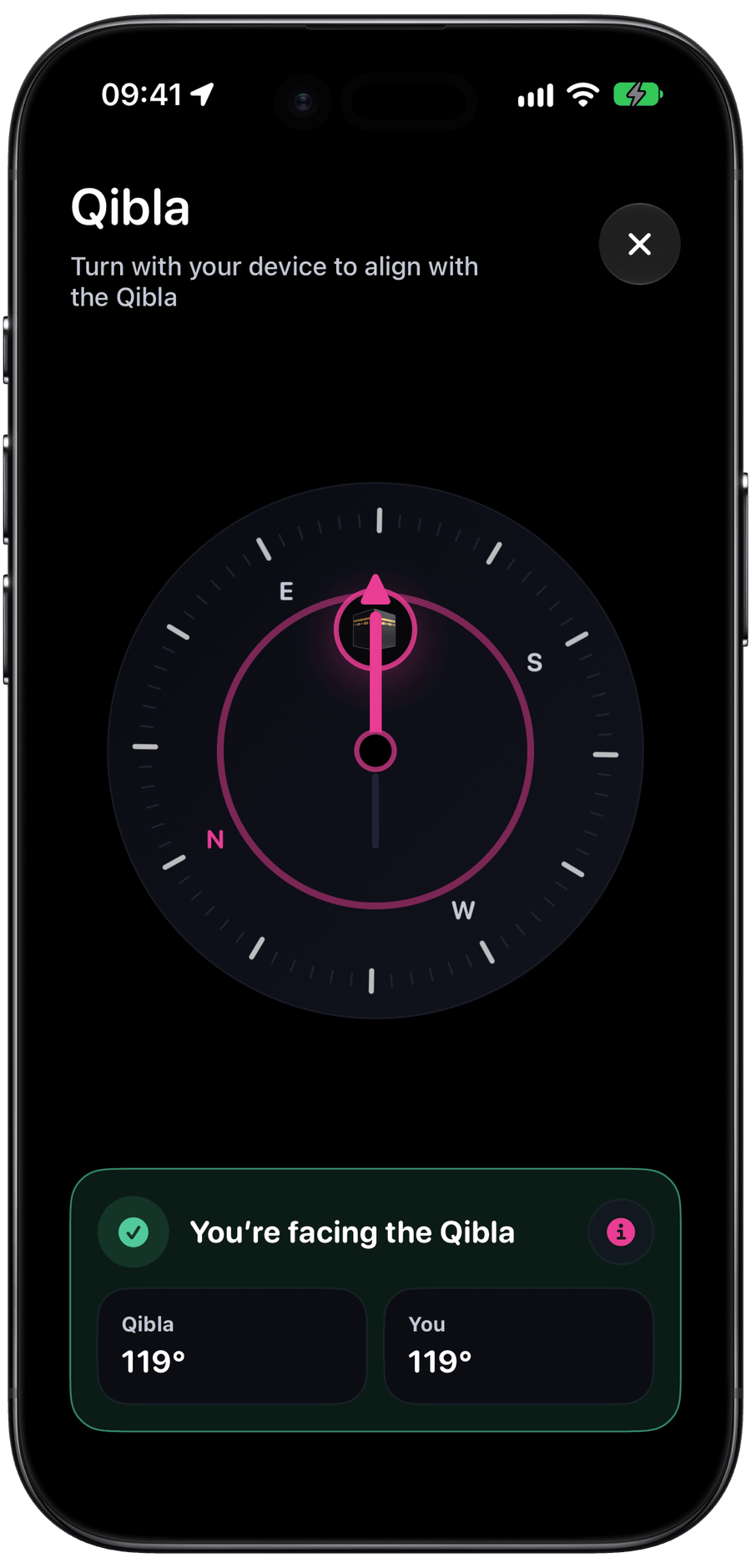 Prayde Qibla compass indicating alignment with the Kaaba